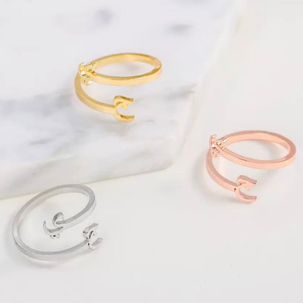 gold, silver and rose gold double initial ring for women with couples initials