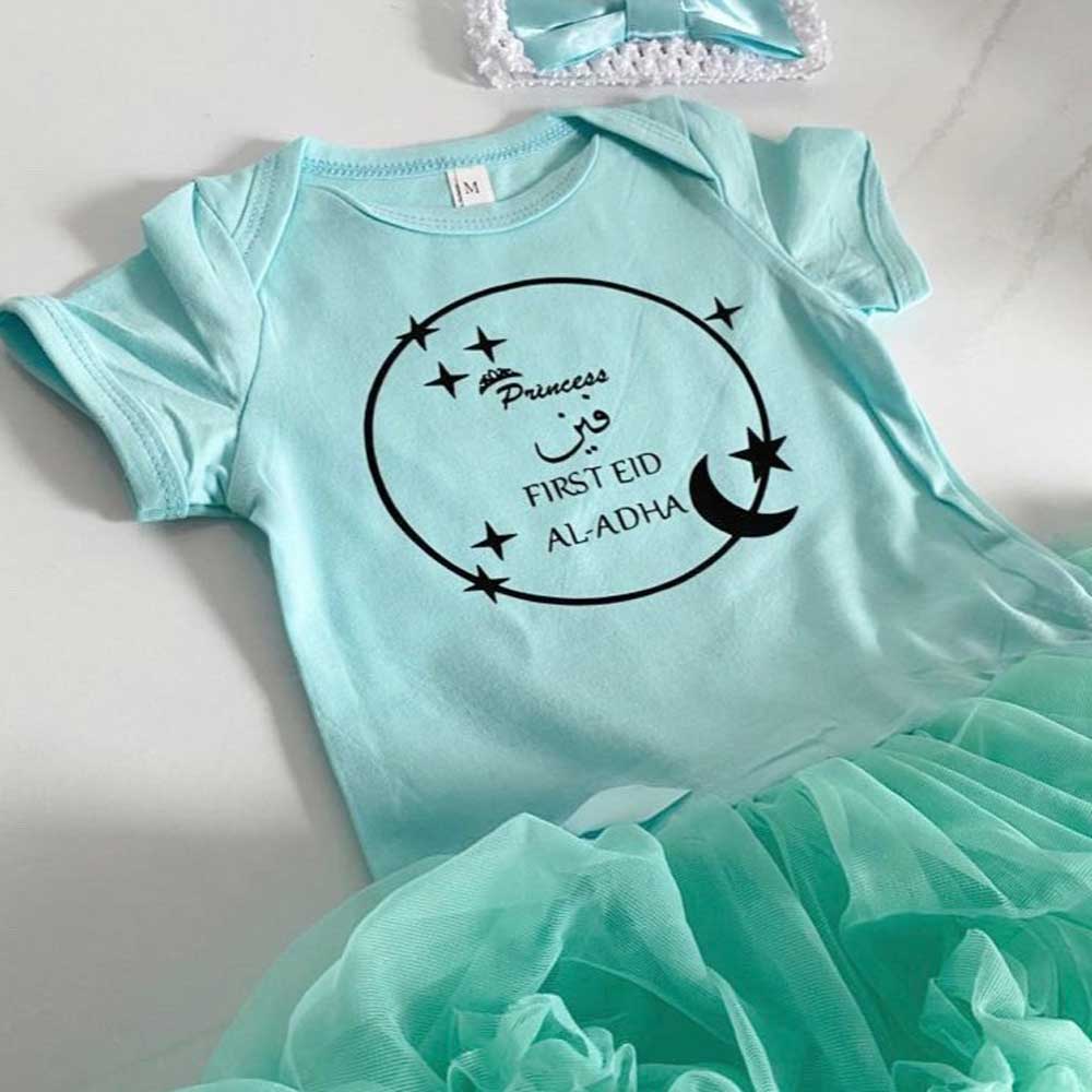 mint green personalised baby girl tutu dress for baby first eid dress with matching headband