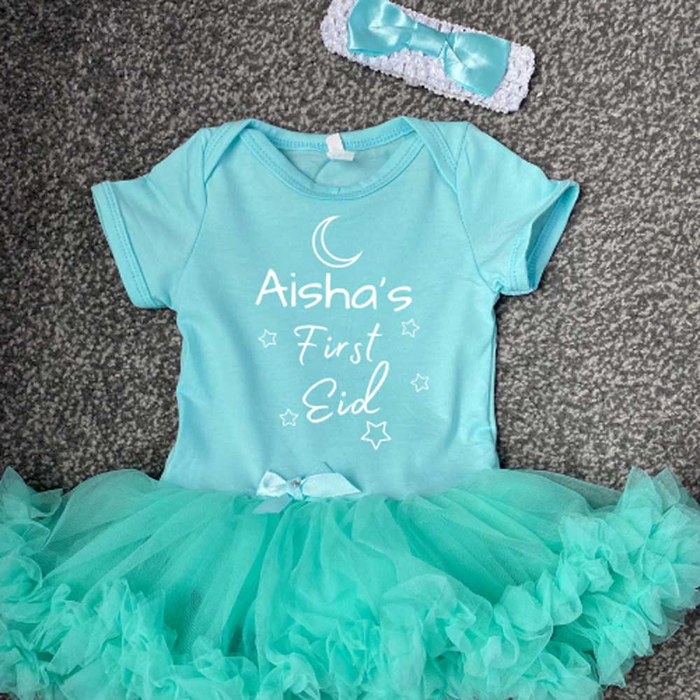 mint green baby girl personalised tutu dress for first eid with matching headband