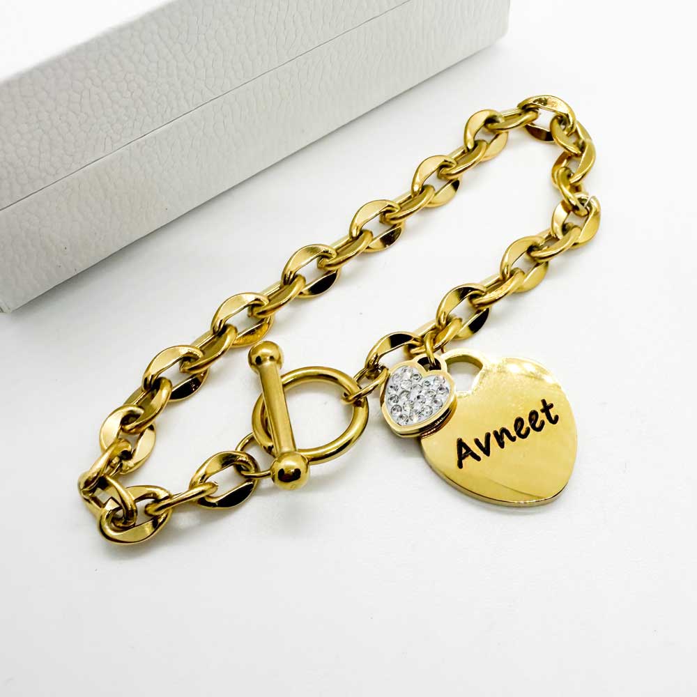 engraved heart charm bracelet for women with toggle clasp