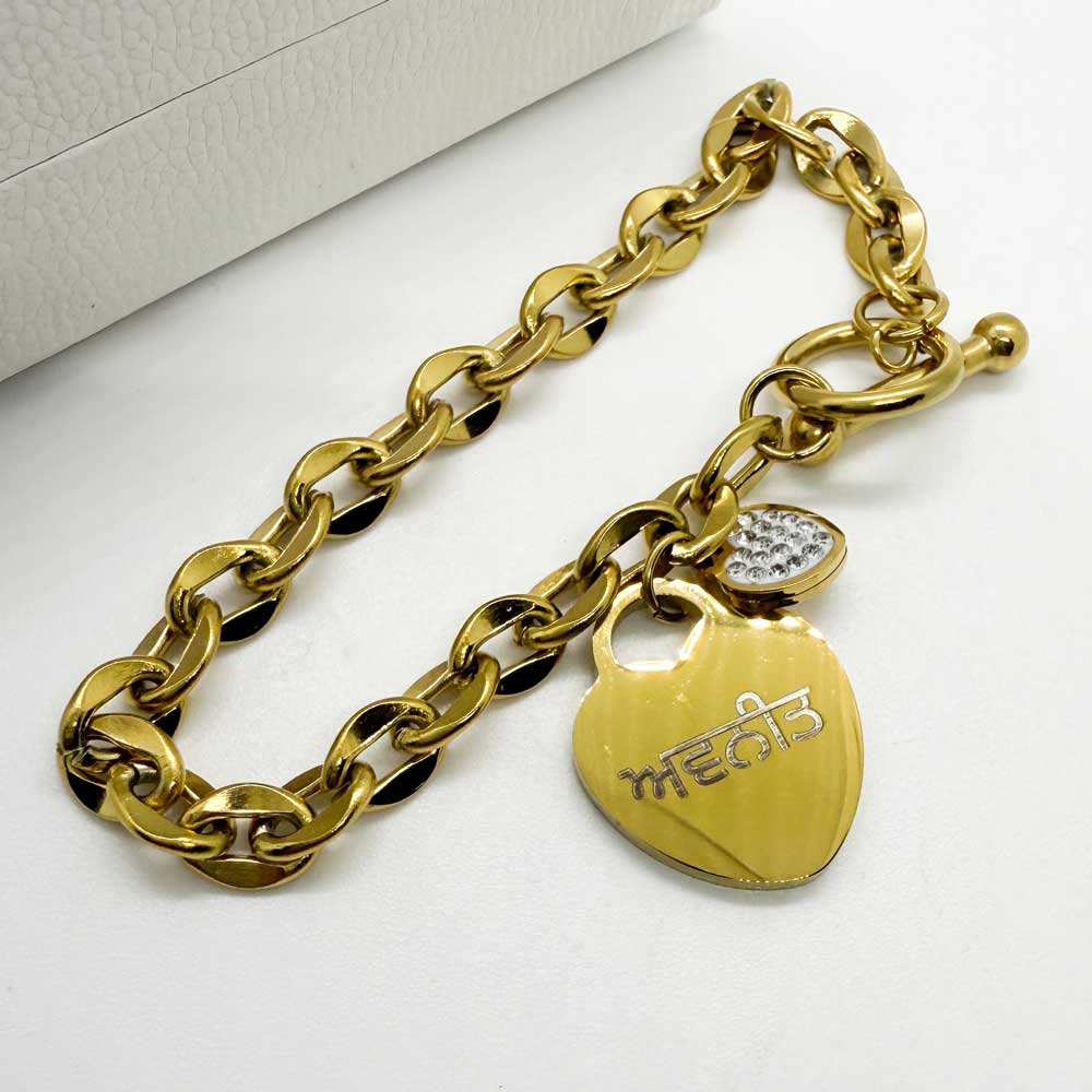 engraved heart charm gold plated bracelet for women with punjabi name engraved