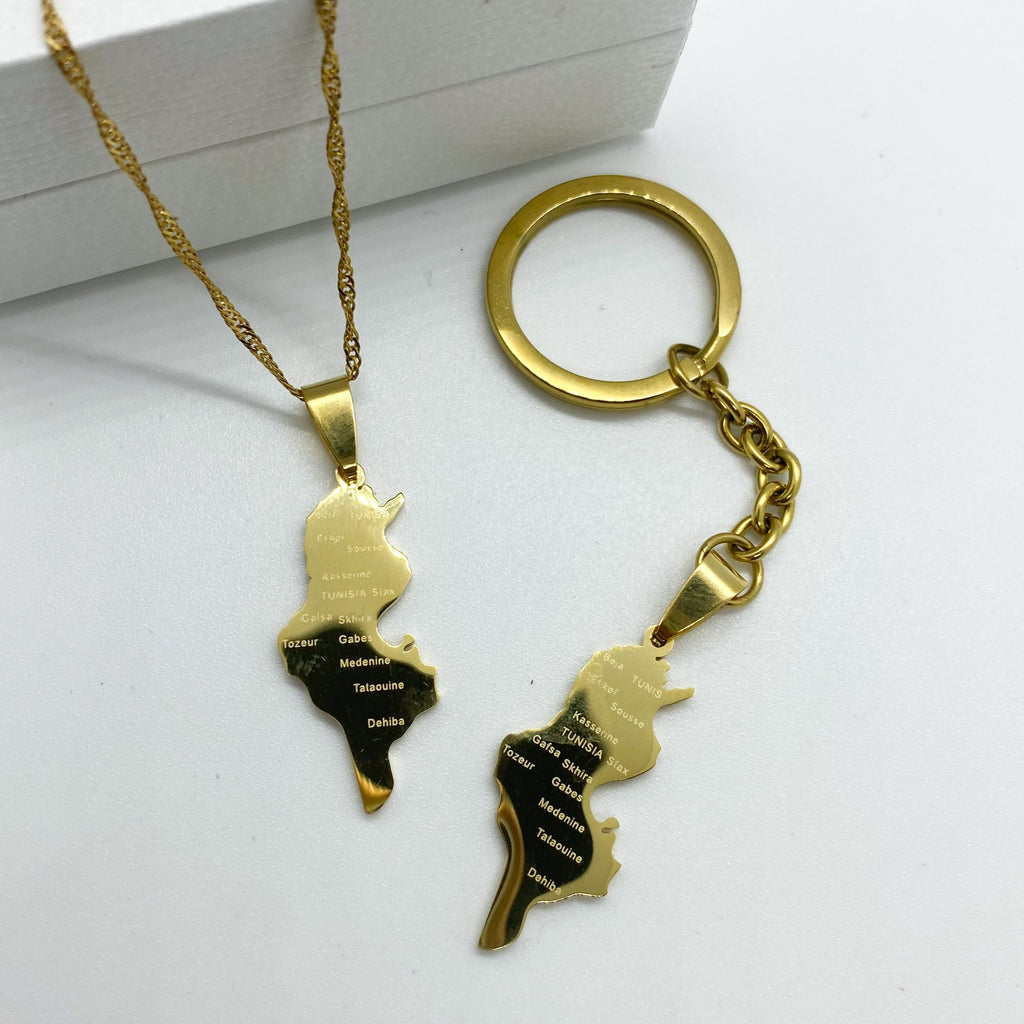 tunisia pendant map necklace and keychain in 18k gold plated