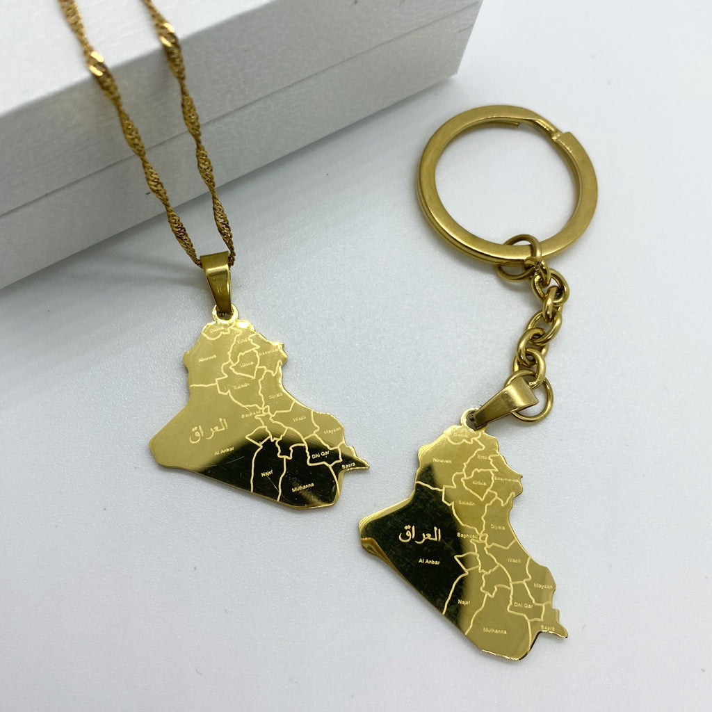 iraq map pendant necklace and keychain in 18k gold plated