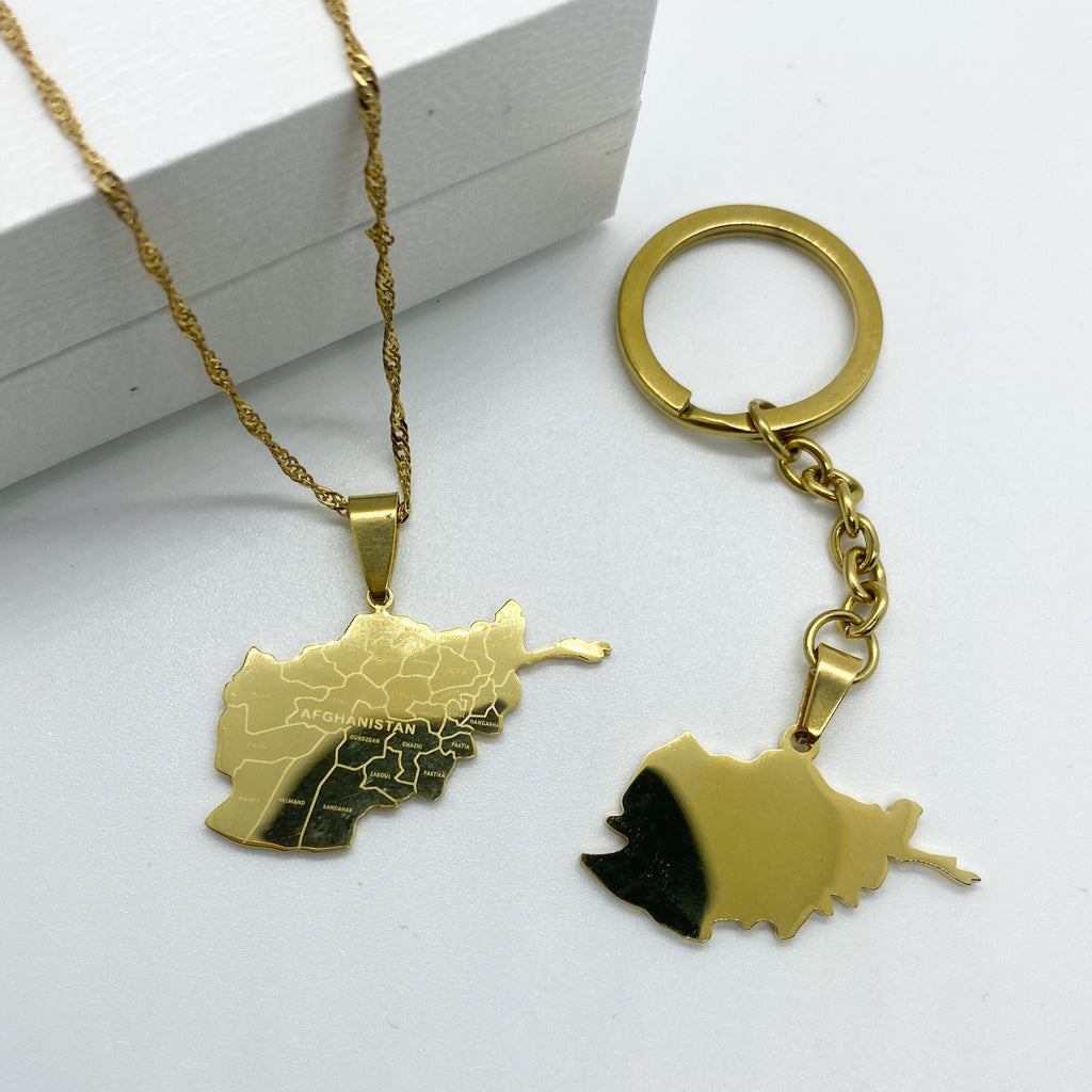 map of afghanistan pendant necklace and keytchain in 18k gold plated