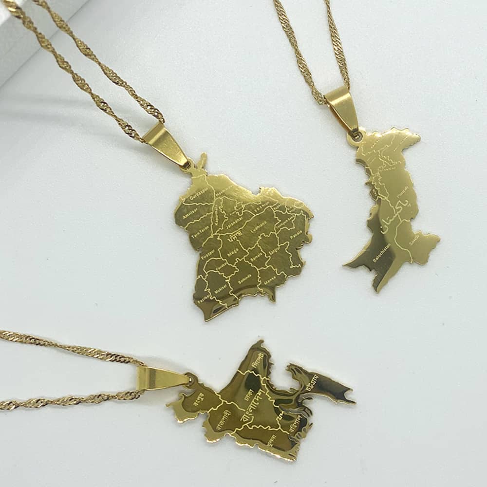 artbyzakia 18ct gold plated map pendant necklace of Bangladesh, Punjab India and Pakistan