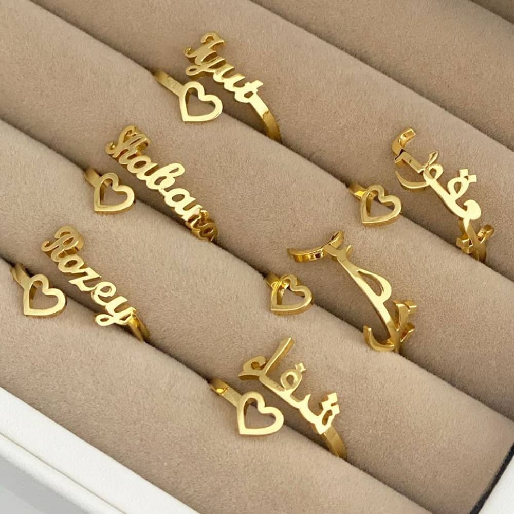 custom resizable name ring in 18k gold plated in arabic and english