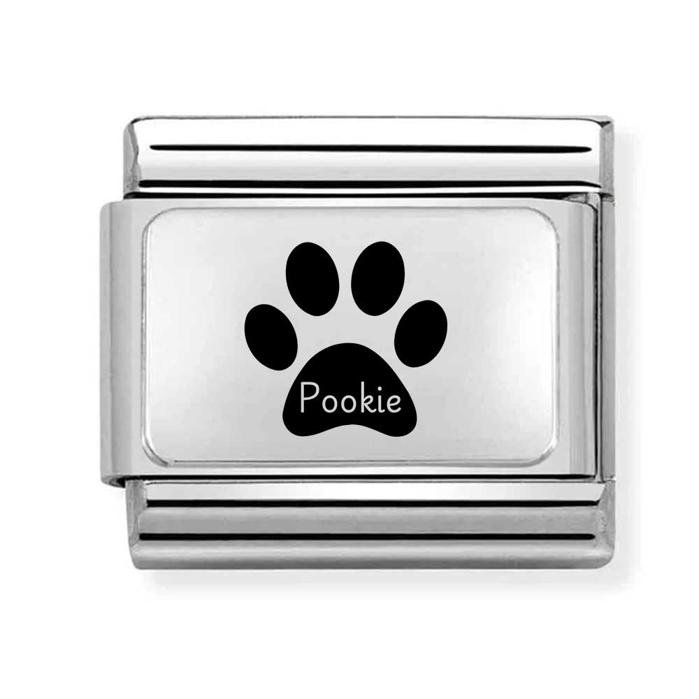 engraved italian link charm for bracelets for women with dog pawprint and personalised dog name