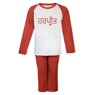 red personalised pyjamas set for kids with red punjabi name