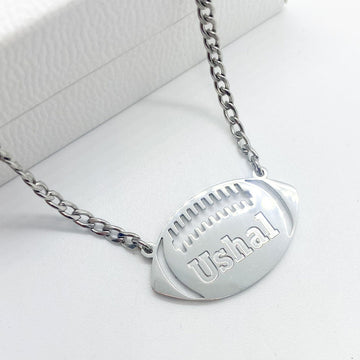 silver stainless steel rugby ball necklace with engraved name for men