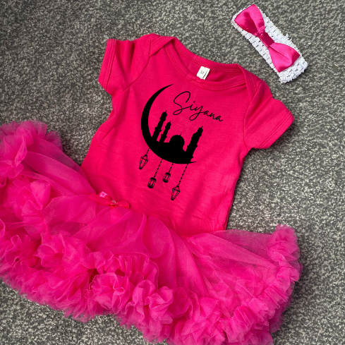 hot pink tutu dress with custom handwritten name with moon lanterns and mosque for ramadan eid design