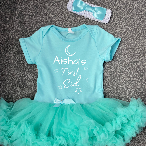 mint tutu dress with custom first eid design with stars and moon