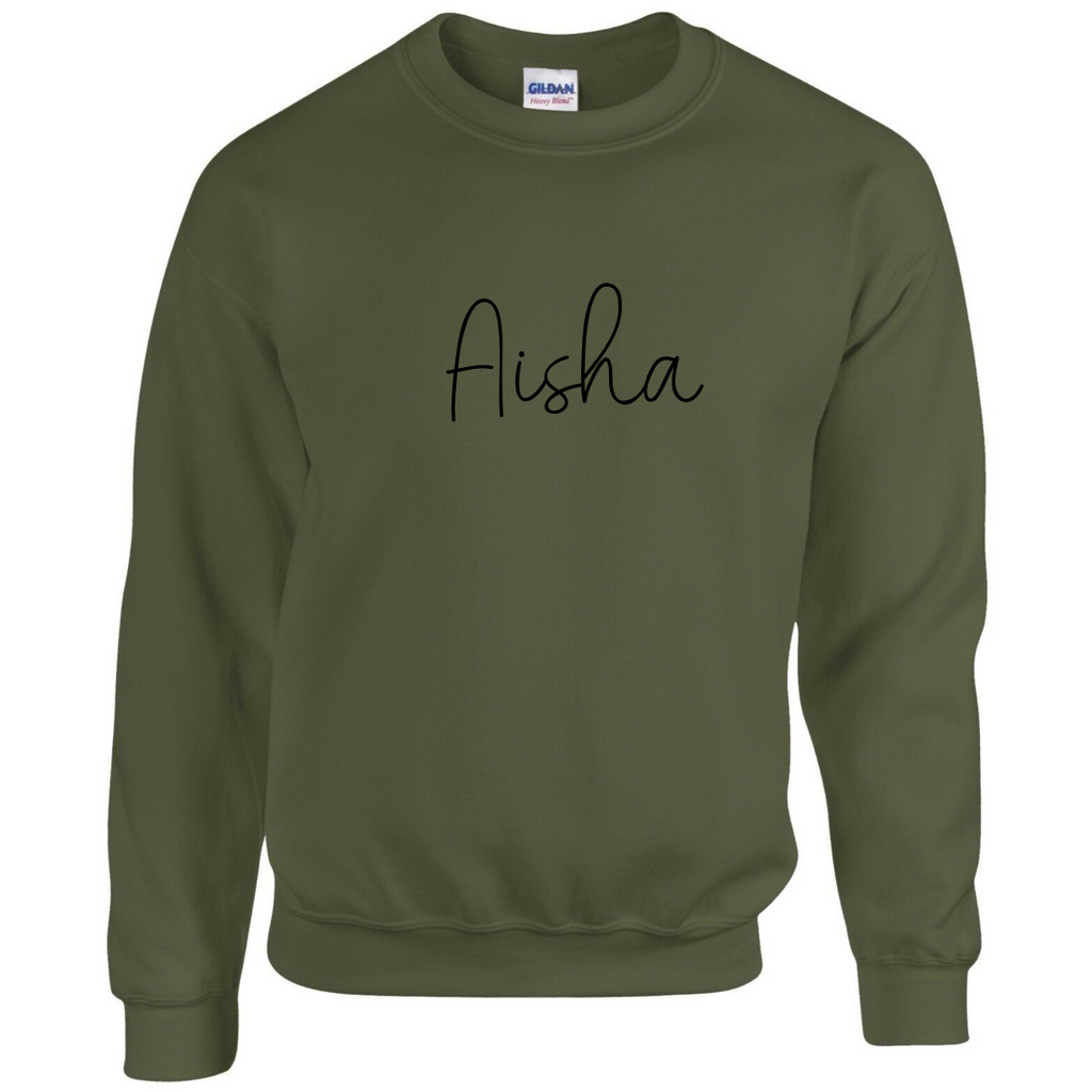 army green sweatshirt with black English handwritten name across the chest