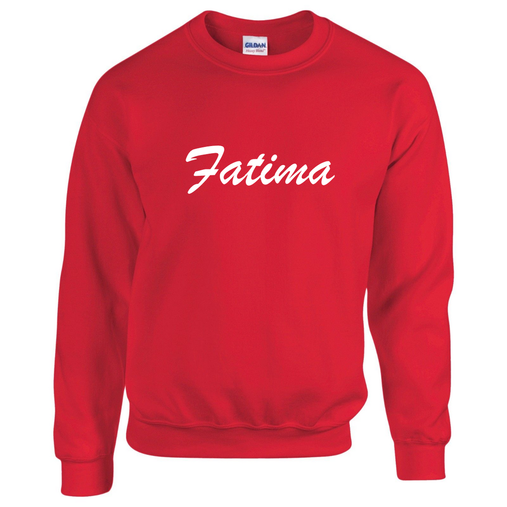 red sweatshirt with white English name across the chest