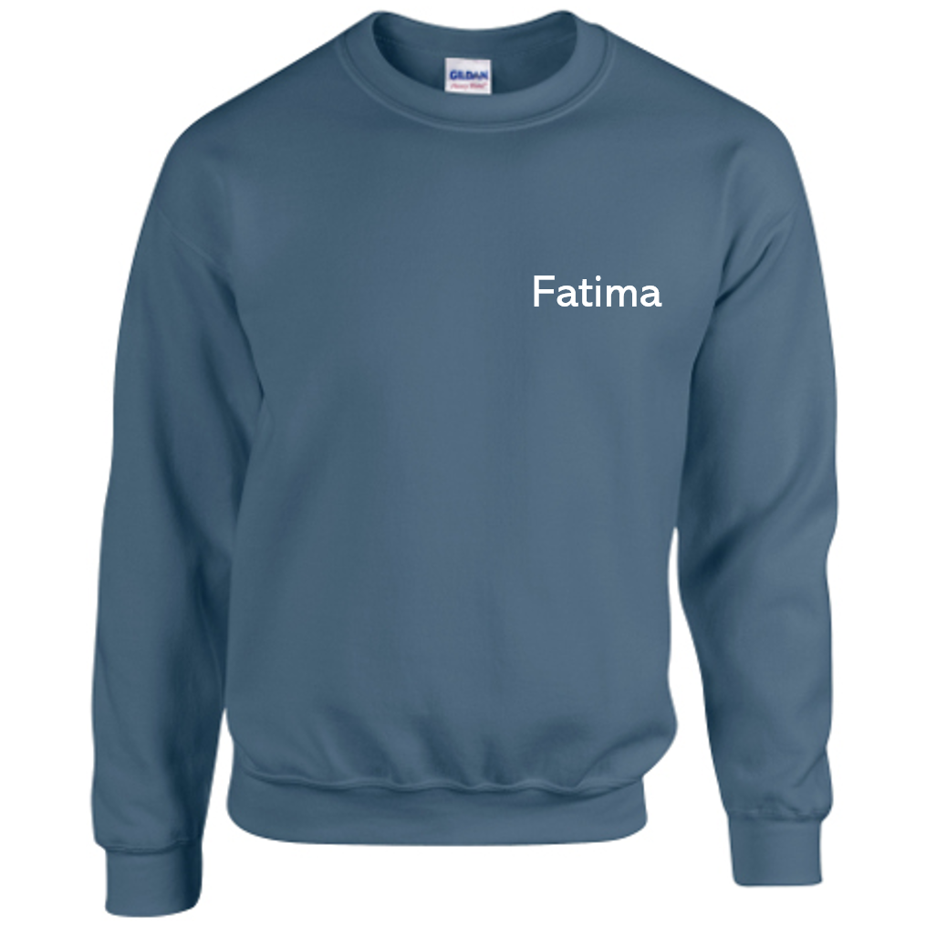 indigo sweatshirt with white English name on left chest