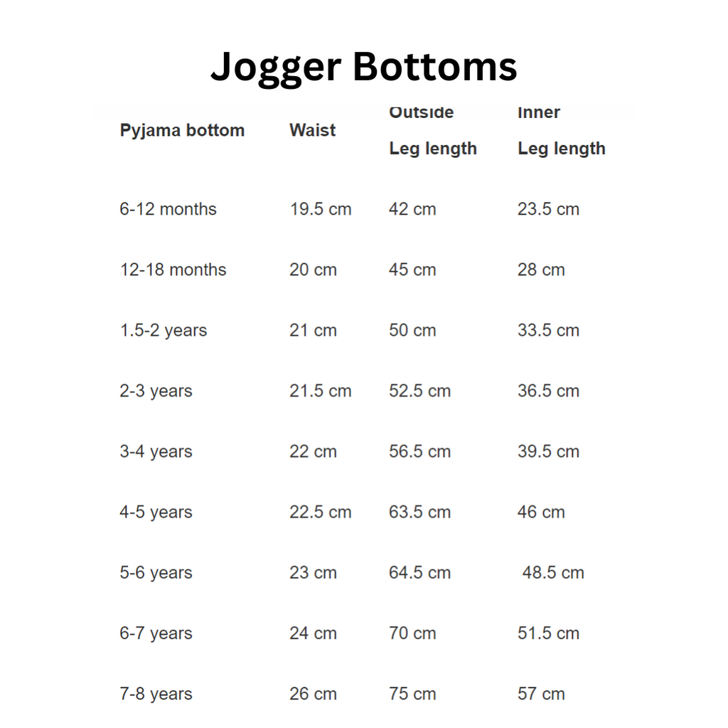 size chart for bottoms of tracksuit set