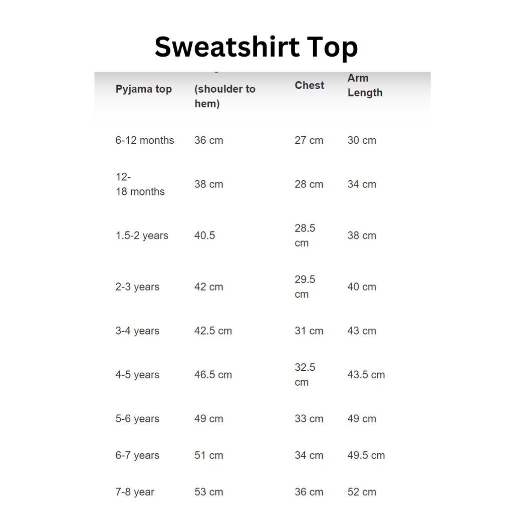 size chart for sweatshirt of tracksuit set