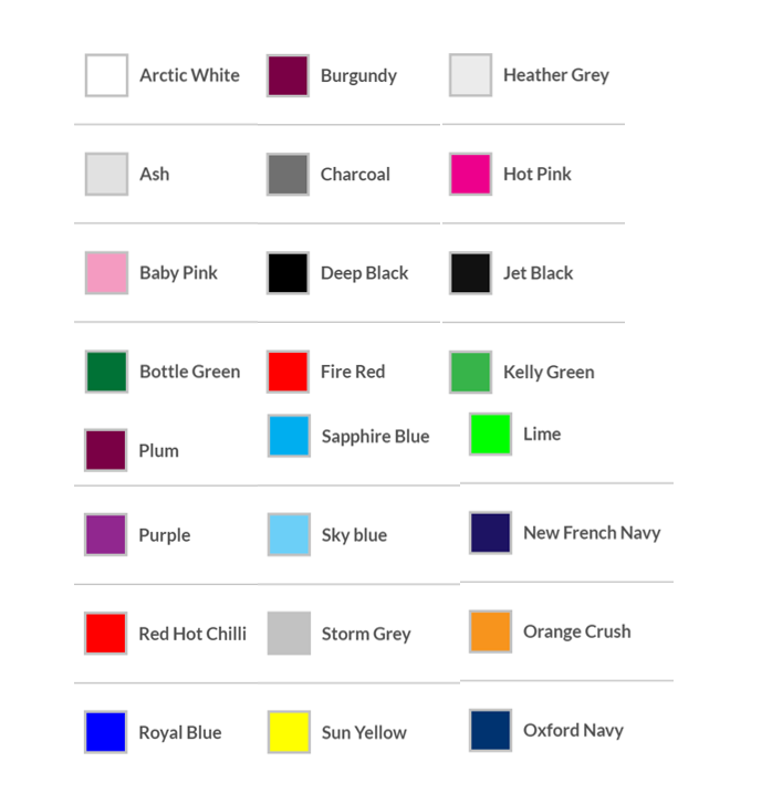 sweatshirt colour chart