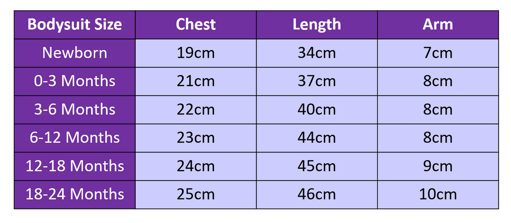 baby bodysuit size chart