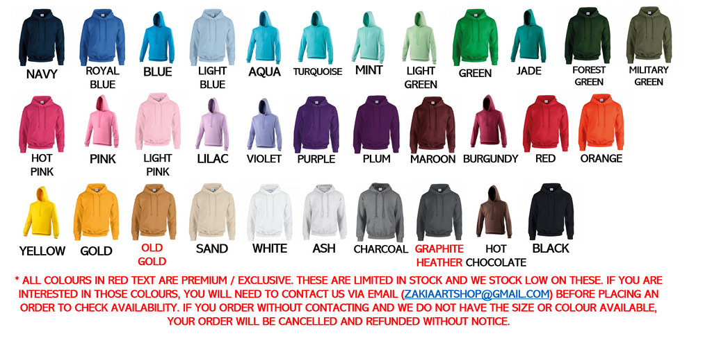 jumper colour chart shows all the different colours available in the hoodie 