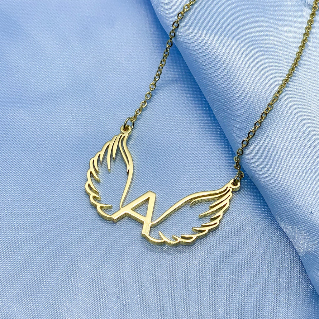 womens 18k gold plated necklace with angel wings for symbolic jewelry or a cute design to add to your collection. personalised with any initial or name
