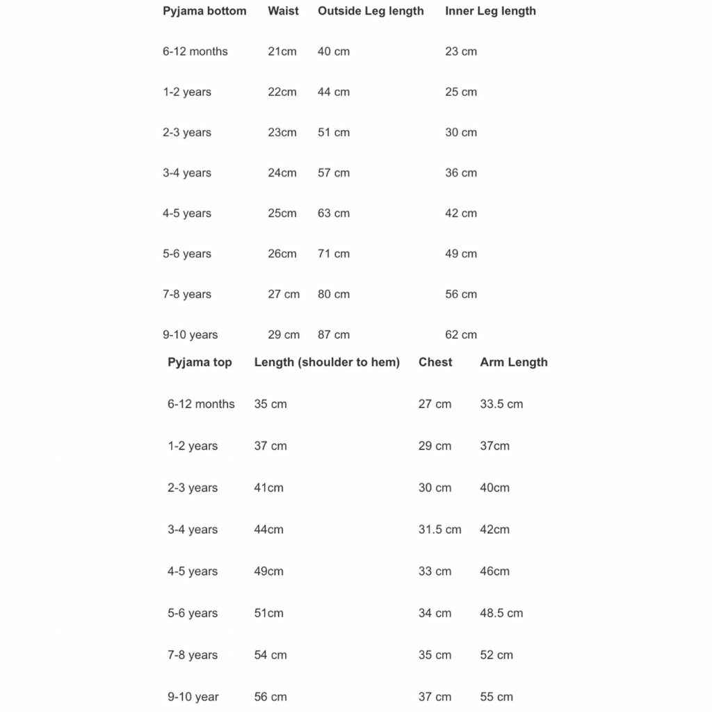 size chart for pyjamas for kids