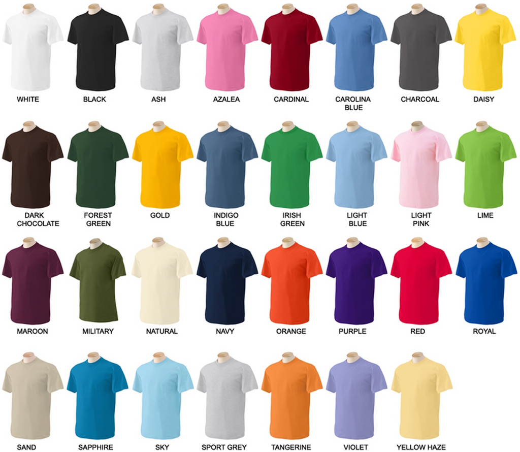 tshirt colour chart for personalised tshirts